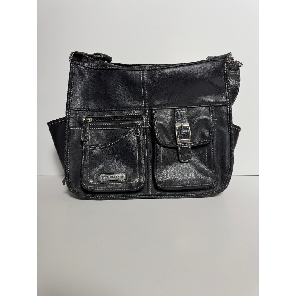 Sag Harbor Black Faux Leather Shoulder Bag Croc Trim Contrast Stitch Pockets